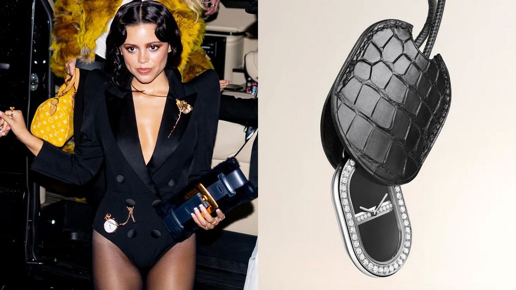 Слева: Дженна Ортега на вечеринке Met Gala в винтажных карманных часах Heuer. Справа: часы-брошь Maillon Libre от Hermès