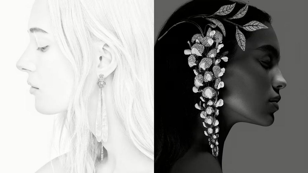 Изделия новой коллекции высокого ювелирного искусства Boucheron варьируются от светлых, как серьги Dragonfly («Стрекоза») из «Композиции № 6» (слева), до темных, как украшения для волос Wisteria («Глициния») из «Композиции № 3», символизирующее постепенное исчезновение природы