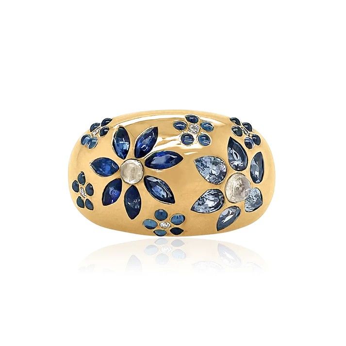Массивное кольцо Flora Nomad от Claudia Mae из 14-каратного желтого золота с сапфирами, лунным камнем и бриллиантами