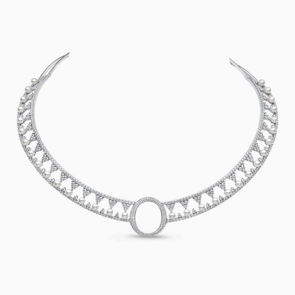 Колье-чокер O by Yoko из 18-каратного белого золота с японским жемчугом акойя и бриллиантами общим весом 9,05 карата