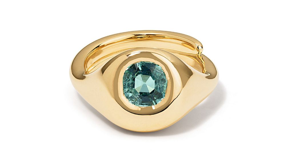 Уникальное кольцо Beluga Fluke с зеленым турмалином круглой огранки в 14-каратном желтом золоте Уникальное кольцо Beluga Fluke с зеленым турмалином круглой огранки в 14-каратном желтом золоте