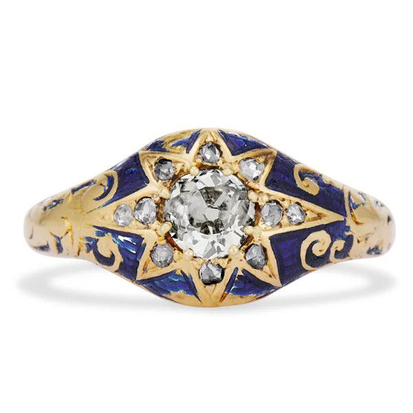 Викторианское кольцо со звездой из 18-каратного желтого золота с бриллиантом старой огранки весом 0,36 карата и эмалью; Ashley Zhang
