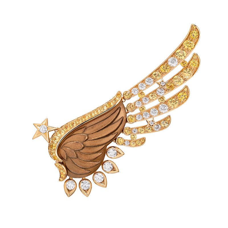 Брошь «Пять крыльев» из желтого золота с бриллиантами, желтыми сапфирами и лаком