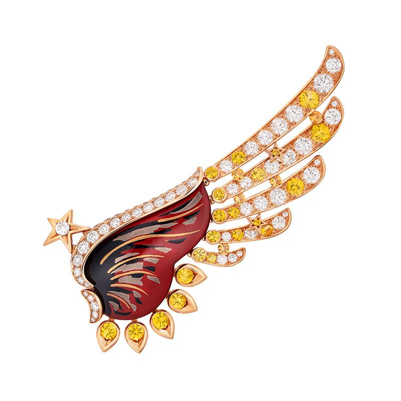 Брошь «Пять крыльев» из розового золота с бриллиантами, желтыми сапфирами, спессартинами и лаком