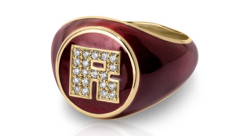 Кольцо с печаткой на мизинец Spark из 14-каратного желтого золота с эмалью Maroon Aura и бриллиантами круглой огранки