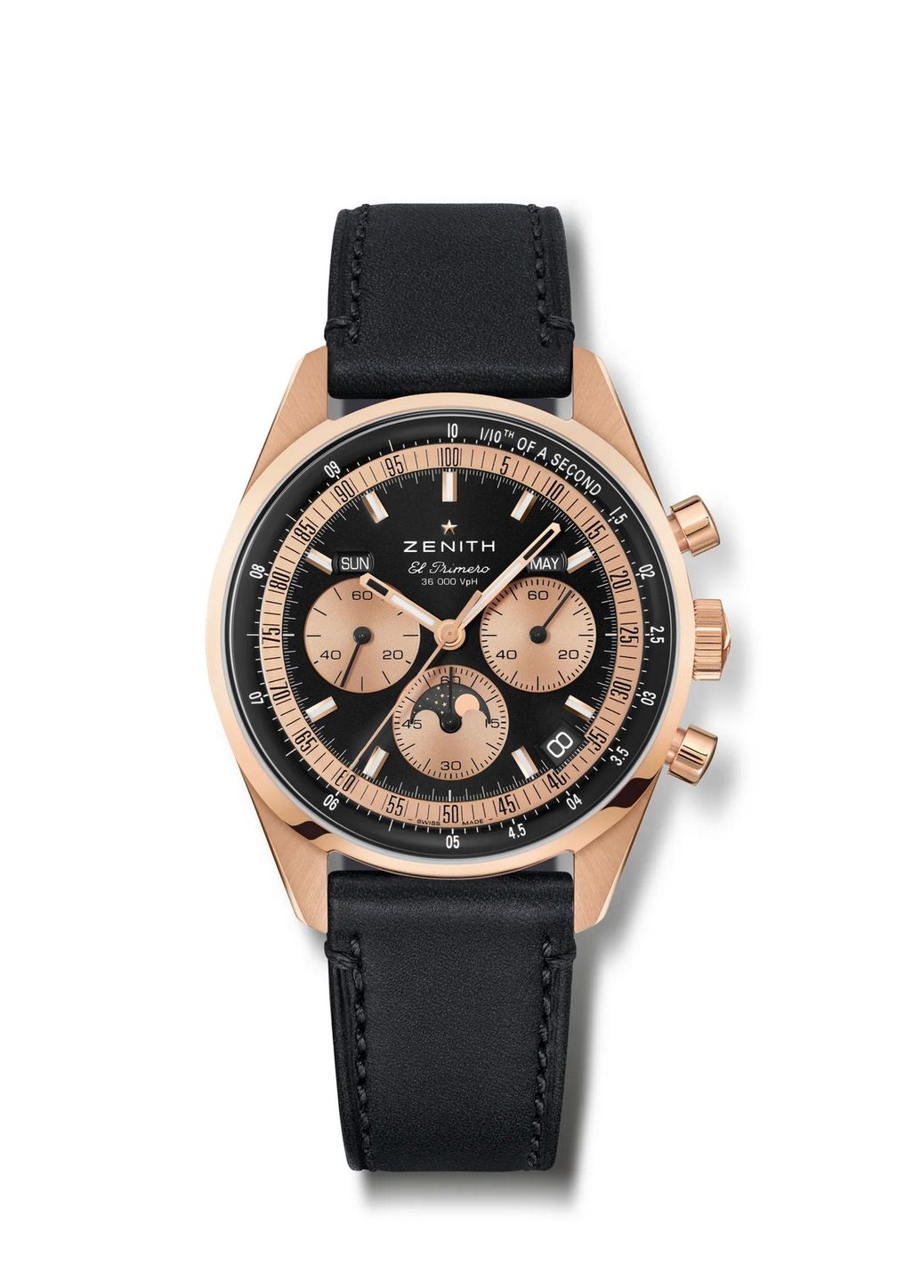 Модель Chronomaster Original Triple Calendar из розового золота, корпус 38 мм, индикатор фаз Луны, кожаный ремешок. Предоставлено Zenith 