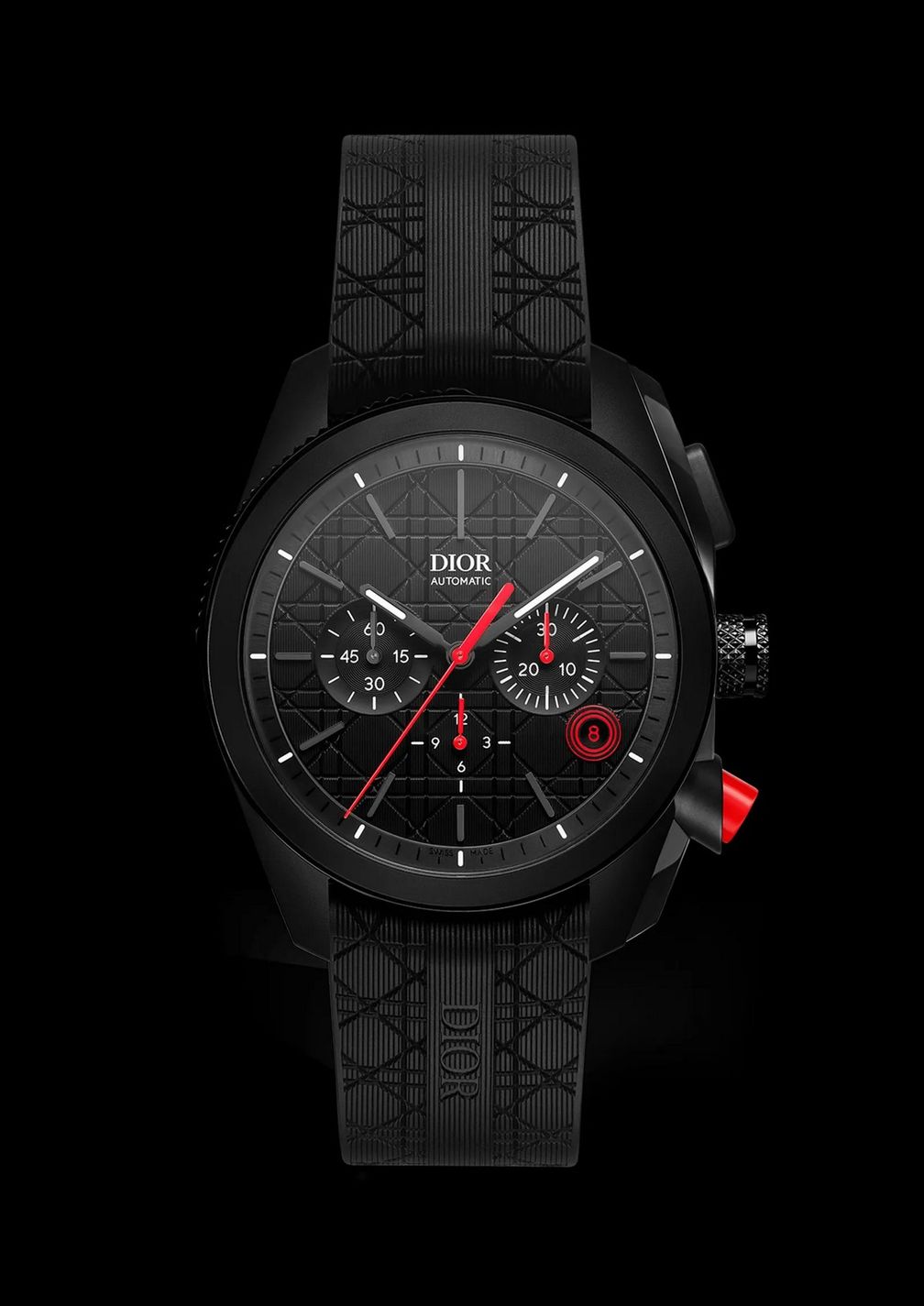 Модель Chiffre Rouge Chronograph Black Ultramatte из стали, циферблат и каучуковый ремешок с узорами Cannage и Microcannage. Предоставлено Dior