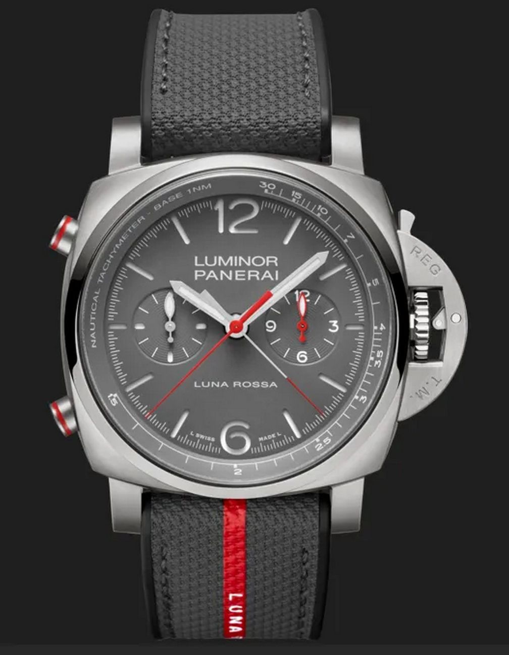 Модель Luminor Chrono Flyback Luna Rossa Titanio из титана, корпус 44 мм, функция flyback, лимитированная серия 150 экземпляров. Предоставлено Panerai