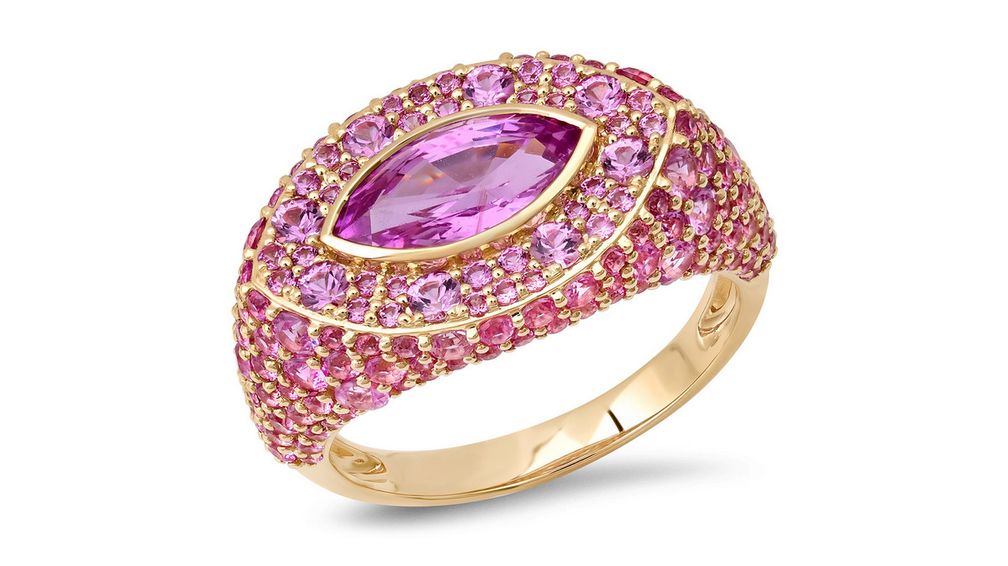 Кольцо из 14-каратного желтого золота с розовым сапфиром огранки маркиз 0,60 карата, окруженным розовыми сапфирами в паве