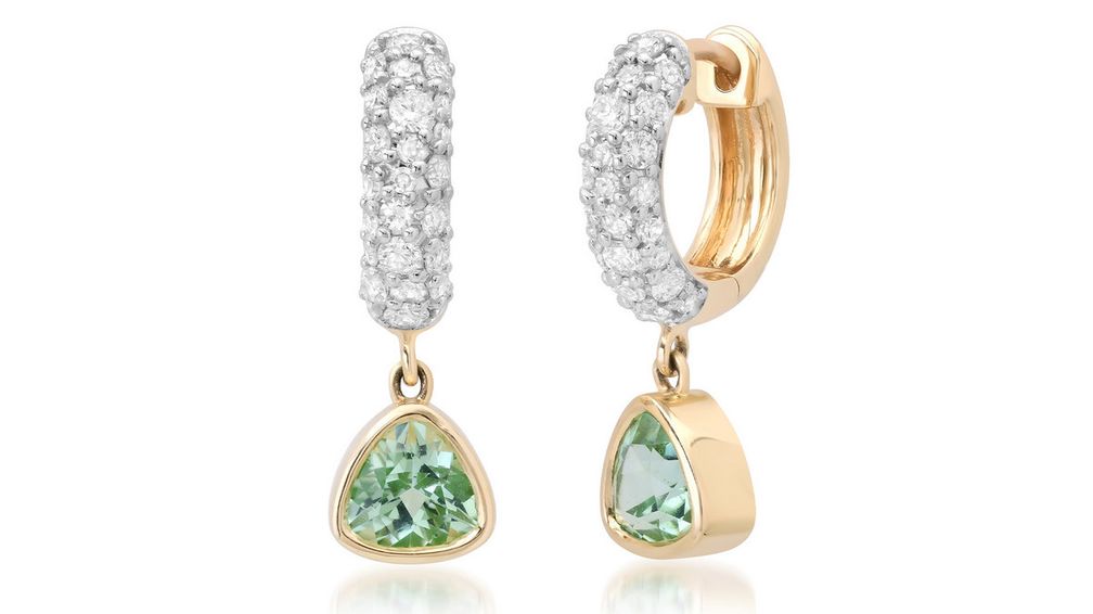 Серьги-хаггисы с подвесками в форме капли из 14-каратного желтого золота с бриллиантами и турмалинами мятного цвета