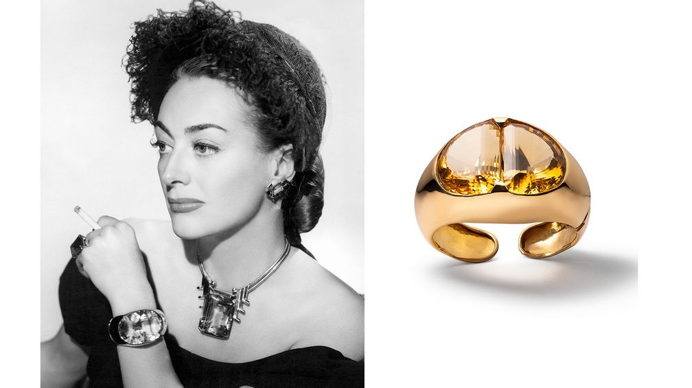 Слева — Джоан Кроуфорд в колье, серьгах и кольце из золота и цитрином от Рэймонда Ярда (Raymond Yard), а также в браслете из золота с цитрином (справа) на рекламном фото примерно 1940 года. Коллекция Нила Лейна 