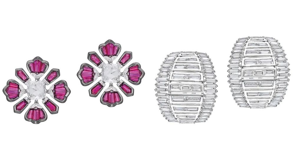 Слева направо: серьги от Moksh с рубинами и бриллиантами в оправе из 18-каратного белого золота; серьги от Moksh с бриллиантами в оправе из 18-каратного белого золота