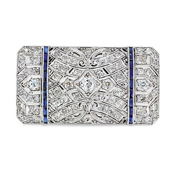 Брошь-подвеска в стиле ар-деко из платины с бриллиантами и синтетическими синими сапфирами; M.S. Рау