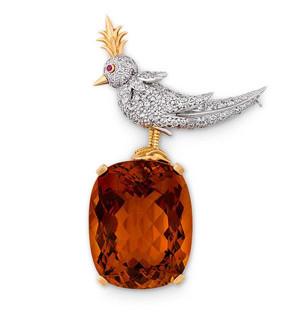 Брошь Bird on a Rock от Tiffany & Co. из платины и 18-каратного золота с цитрином 63 карата и бриллиантами; M.S. Рау