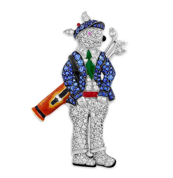 Брошь Bunny Caddy от Raymond Yard из платины с сапфирами, рубинами, эмалью и бриллиантами; M.S. Рау