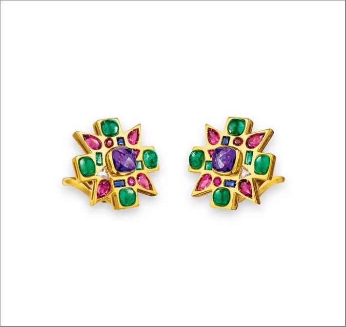 Серьги Baby Byzantine из золота с изумрудами, аметистами и рубеллитами