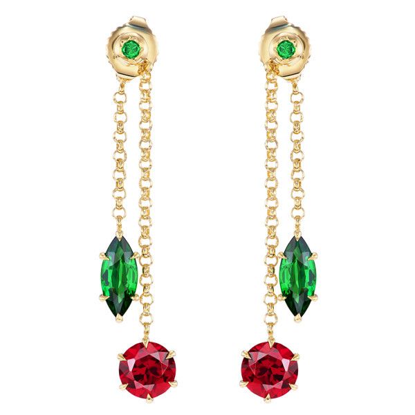 Серьги-подвески от Meluzza в виде вишен из 18-каратного желтого золота с родолитами и цаворитами 