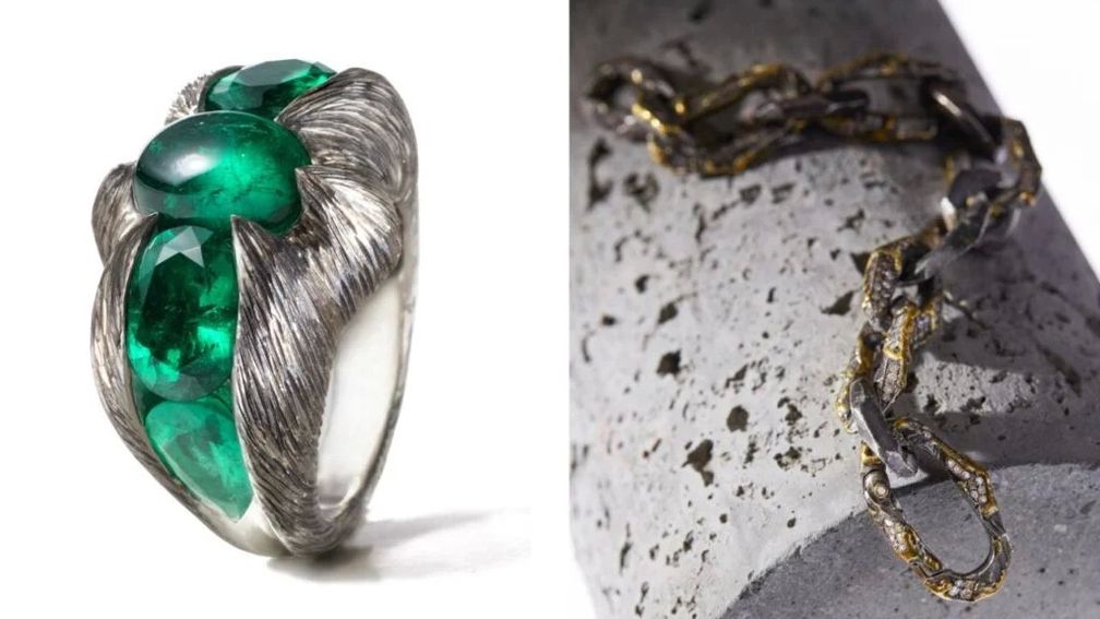 Кольцо Emerald Rush с колумбийскими изумрудами Muzo общим весом 9345 карат; цепочка Corrosion из серебра и 24-каратного золота с бриллиантами 