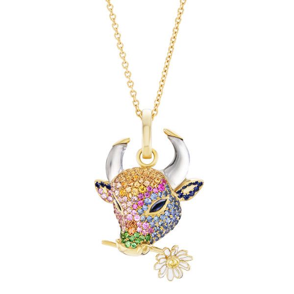 Подвеска «Телец» от Emily P. Wheeler из 18-каратного желтого золота с сапфирами, аметистом, цаворитом, бриллиантом и кристаллом