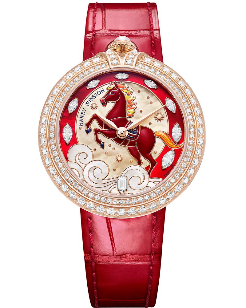 Часы Harry Winston Chinese New Year Automatic 36mm в корпусе из розового золота с бриллиантами круглой, изумрудной огранки и огранки маркиз, а также с белым, красным и золотым перламутром, ограниченная серия из 8 экземпляров