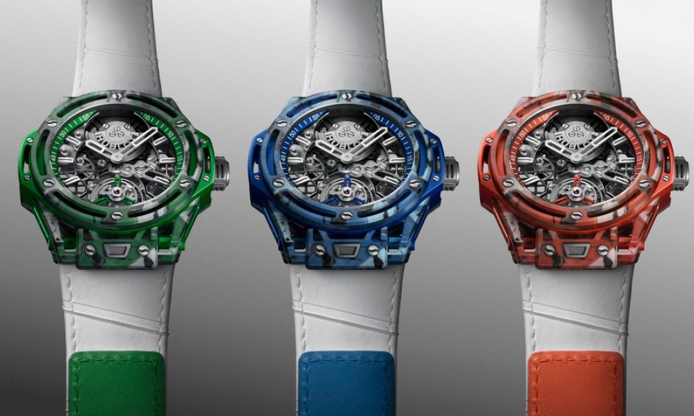 Часы Big Bang Tourbillon Novak Djokovic GOAT Edition от Hublot в композитных корпусах зеленого, синего и красного цветов Часы Big Bang Tourbillon Novak Djokovic GOAT Edition от Hublot в композитных корпусах зеленого, синего и красного цветов