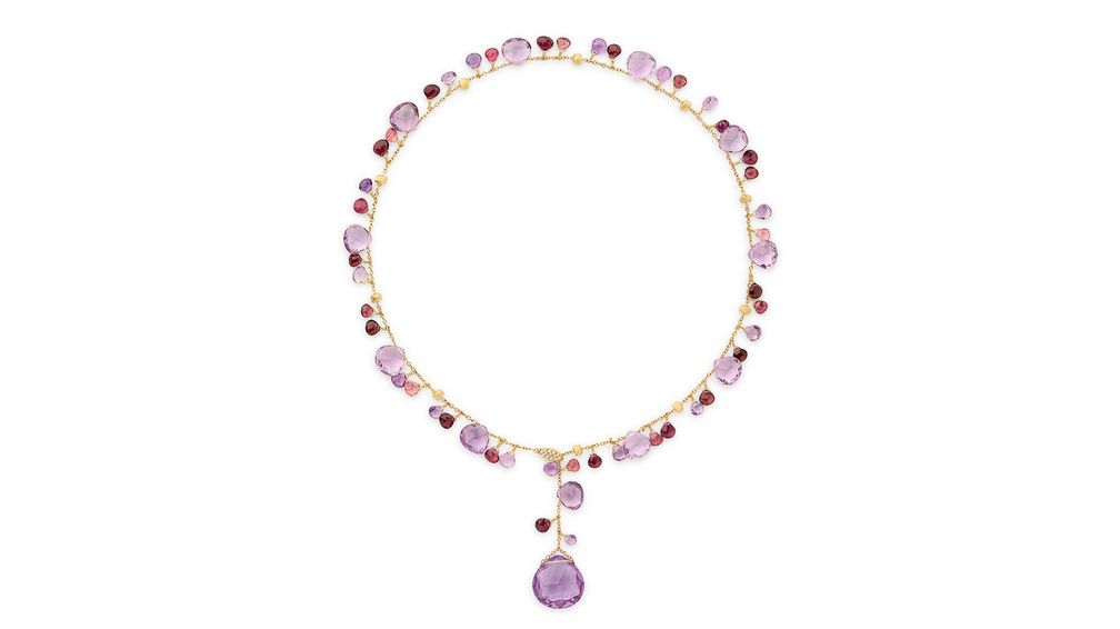 Ожерелье-лариат Paradise из 18-каратного желтого золота с аметистом, розовым турмалином, гранатом и золотыми бусинами и застежкой с бриллиантами в паве