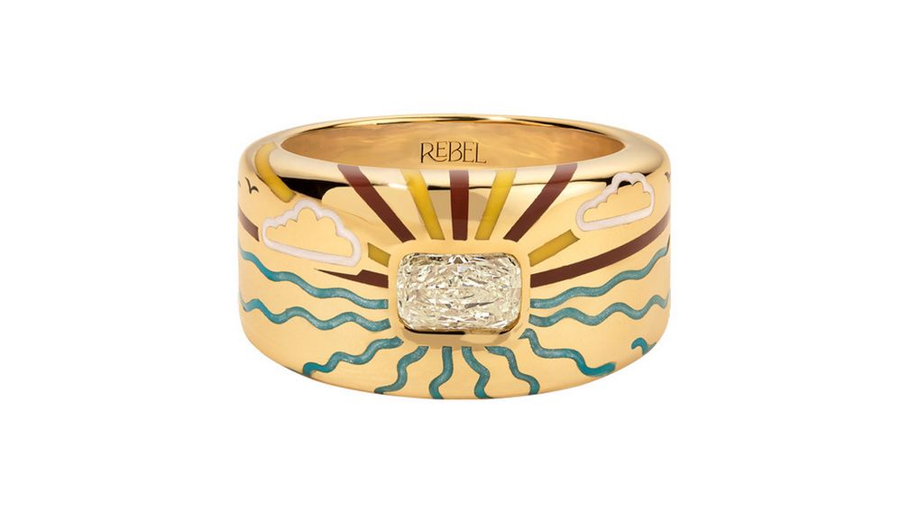 Кольцо Sovereign Voyage от Rebel Jewelry из 18-каратного желтого золота с эмалью и бриллиантом огранки кушон квадратной формы весом 1,31 карата 