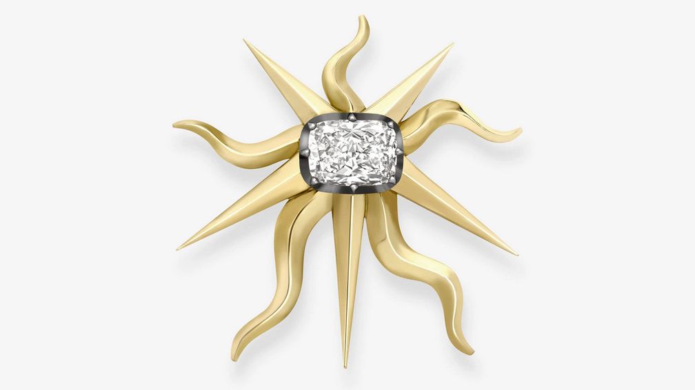 Брошь Orbit представляет собой переосмысление викторианской розы ветров в виде ювелирного украшения с бриллиантом огранки кушон весом 7,01 карата, обрамленным черненым золотом, со спиралями и солнечными лучами из 18-каратного желтого золота