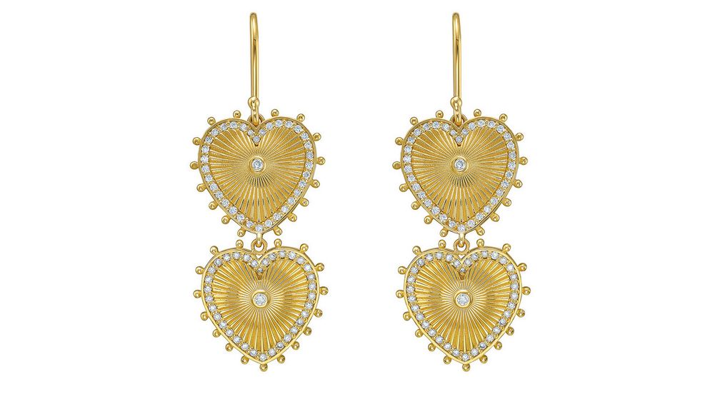 Серьги Cassandane с двойным сердцем из 18-каратного желтого золота с 2,30 карата бриллиантов 