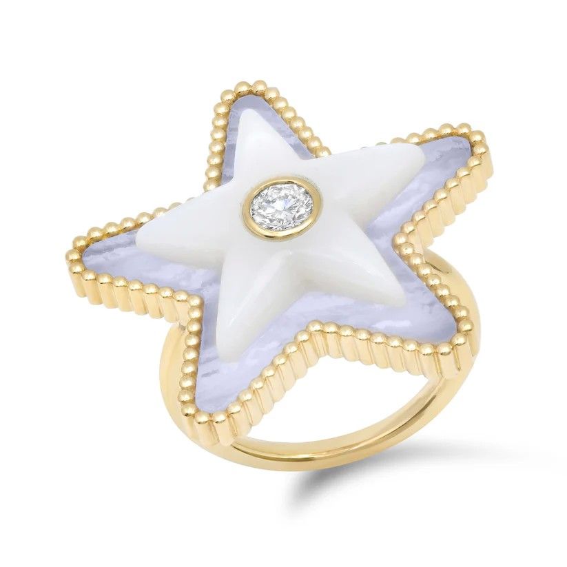 Кольцо Mega Star Power из 14-каратного желтого золота с кружевным агатом, перламутром и бриллиантом 0,25 карата Кольцо Mega Star Power из 14-каратного желтого золота с кружевным агатом, перламутром и бриллиантом 0,25 карата