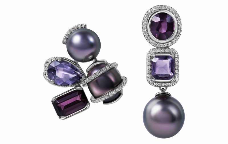 Асимметричные серьги «Трудолюбивая пчелка»: таитянский жемчуг, шпинели, бриллианты в оправе из белого золота 18 карат Асимметричные серьги «Трудолюбивая пчелка»: таитянский жемчуг, шпинели, бриллианты в оправе из белого золота 18 карат