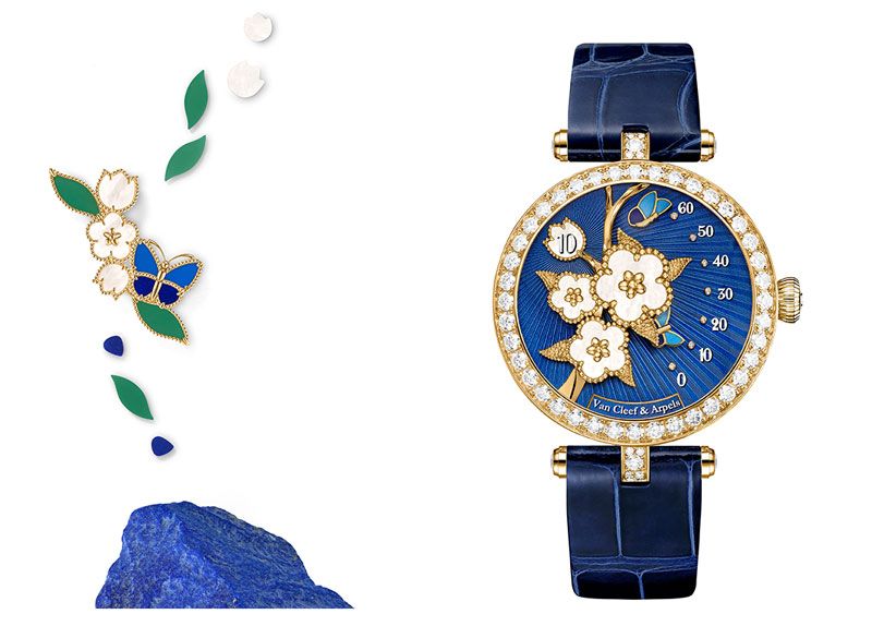 Слева: зажим из желтого золота с лазуритом, голубым и зеленым агатом и белым перламутром. Справа: часы Lady Lucky Spring Butterfly из желтого золота с эмалью, белым перламутром и бриллиантами; автоматический механизм с ретроградным минутным и прыгающим часовым механизмом Слева: зажим из желтого золота с лазуритом, голубым и зеленым агатом и белым перламутром. Справа: часы Lady Lucky Spring Butterfly из желтого золота с эмалью, белым перламутром и бриллиантами; автоматический механизм с ретроградным минутным и прыгающим часовым механизмом
