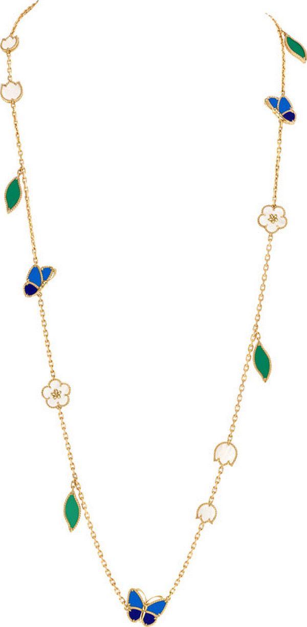 Длинное ожерелье с 15 мотивами из желтого золота, лазурита, голубого и зеленого агата и белого перламутра Длинное ожерелье с 15 мотивами из желтого золота, лазурита, голубого и зеленого агата и белого перламутра