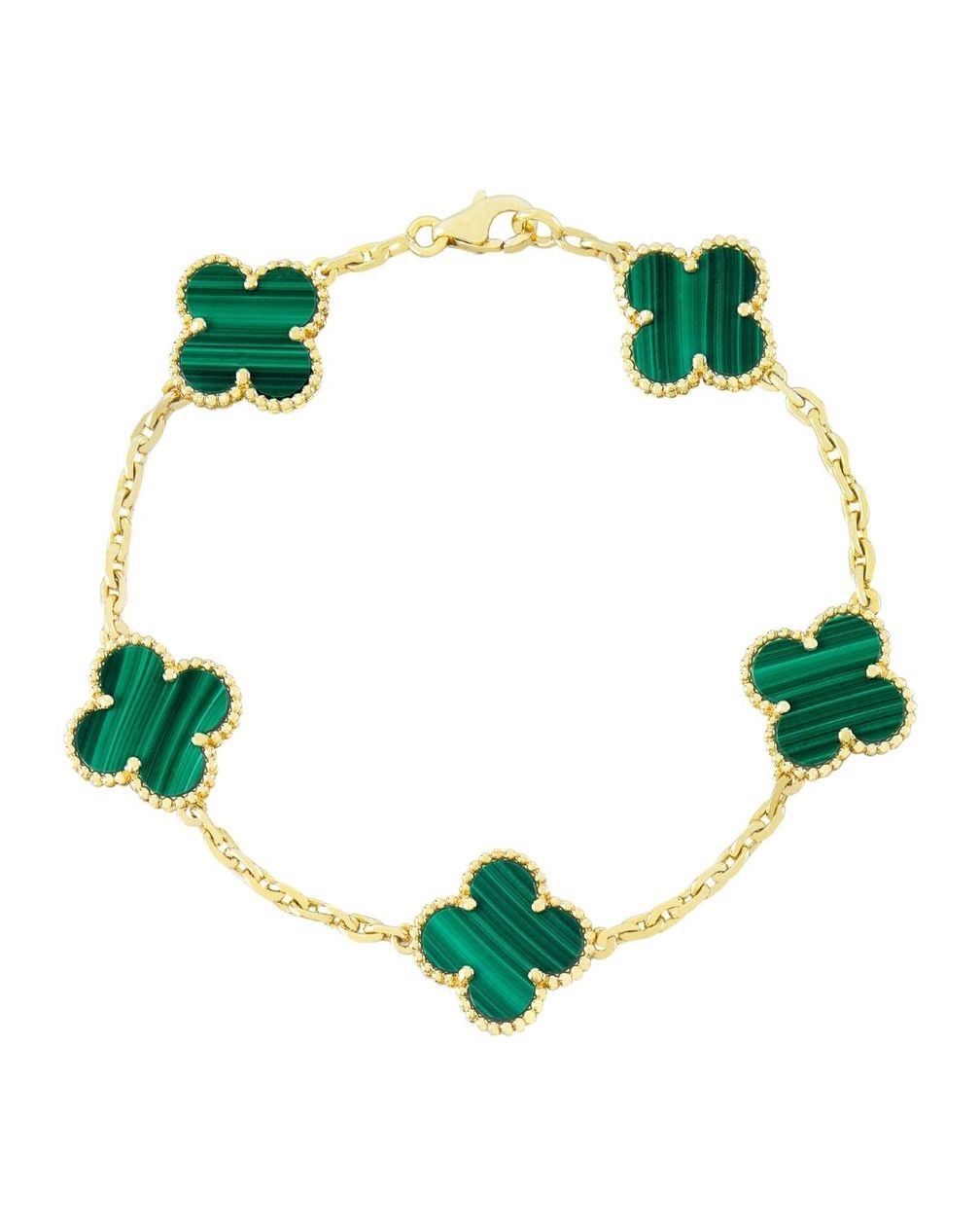 VAN CLEEF & ARPELS: винтажный браслет Alhambra, 5 мотивов из 18-каратного желтого золота и малахита