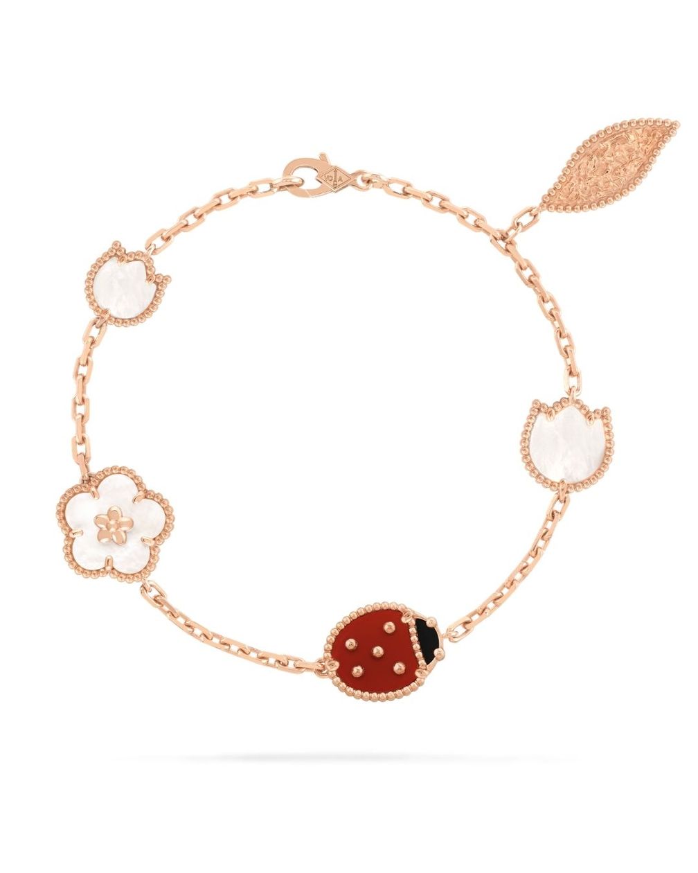 VAN CLEEF & ARPELS: браслет Lucky Spring, 5 мотивов из 18-каратного розового золота, сердолика, перламутра и оникса