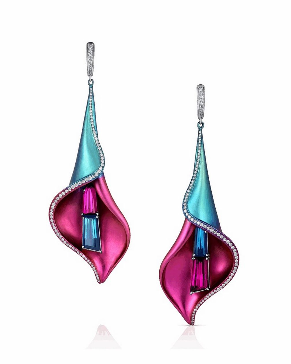 Серьги Callara («Каллара») от Adam Neeley из титана и белого золота с гранатами, турмалином и бриллиантами