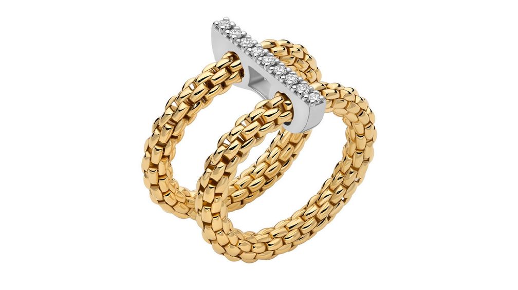 Кольцо Twins («Близнецы») из коллекции Prima из 18-каратного желтого золота с бриллиантами в оправе из белого золота