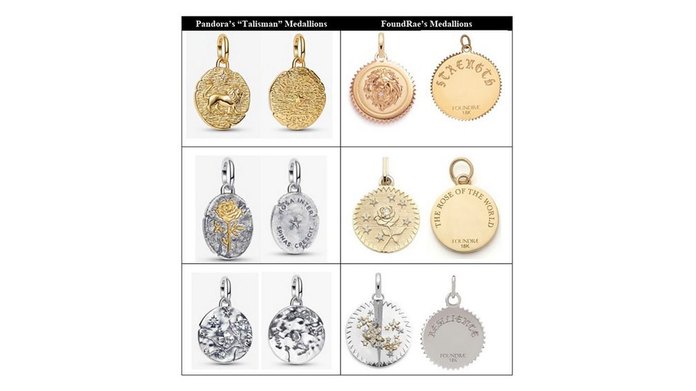 Это сравнение медальонов Pandora (слева) и Foundrae было включено в иск, поданный Foundrae в федеральный суд