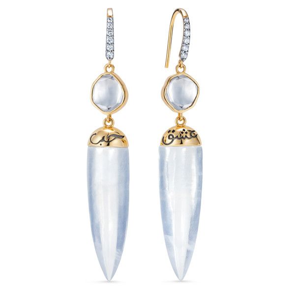 Серьги из 18-каратного желтого золота с лунным кварцем общим весом 15,5 карата, алмазами «польки» общим весом 0,45 карата и бриллиантами общим весом 0,09 карата