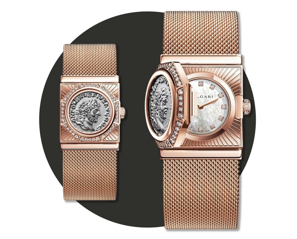Часы Maglia Milanese Monete от Bulgari с потайным механизмом, из розового золота, с монетой 198–217 гг. н.э. с изображением императора Каракаллы
