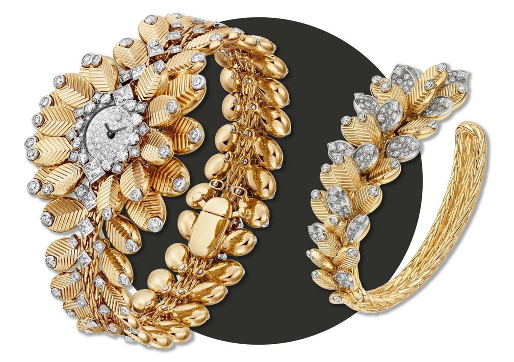Часы Grain de Café от Cartier (слева) из золота и бриллиантов (доступны с сентября), вдохновленные коллекцией, в которую входит браслет Grain de Café (справа) из желтого золота, платины и бриллиантов 