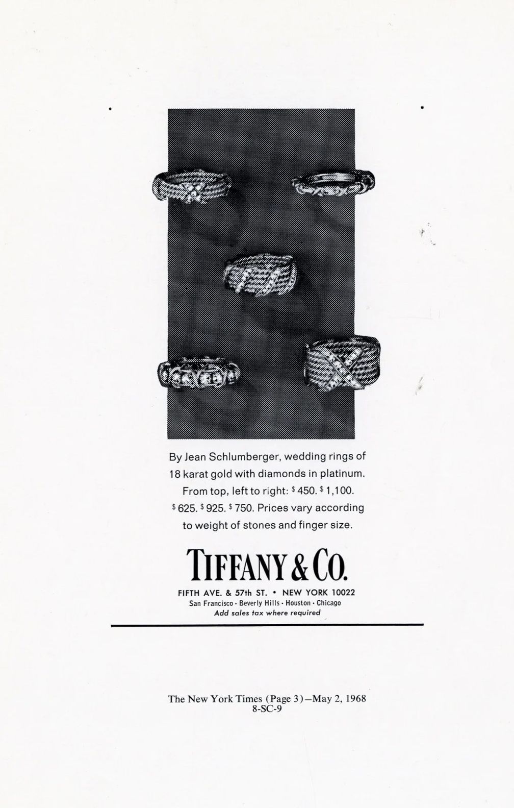 Рекламное изображение колец Sixteen Stone работы Жана Шлюмберже для Tiffany & Co, 1968 год 