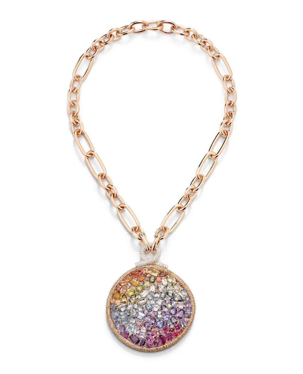 Колье Mandala Chromia от Pomellato из розового золота с разноцветными сапфирами, коричневыми и бесцветными бриллиантами
