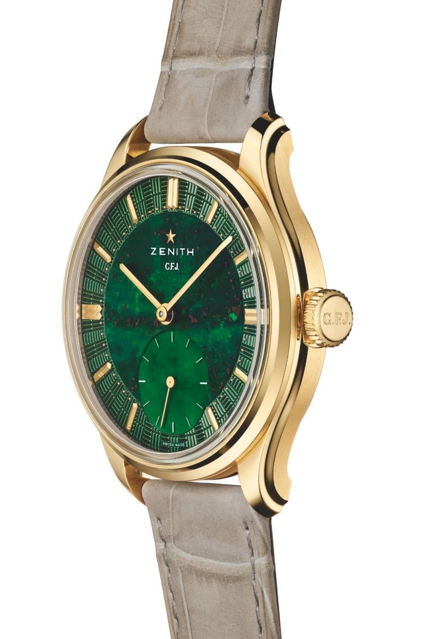 Zenith G.F.J. с циферблатом из гелиотропа и корпусом из желтого золота, лимитированная серия из 161 экземпляра (фото: Zenith) Zenith G.F.J. с циферблатом из гелиотропа и корпусом из желтого золота, лимитированная серия из 161 экземпляра (фото: Zenith)