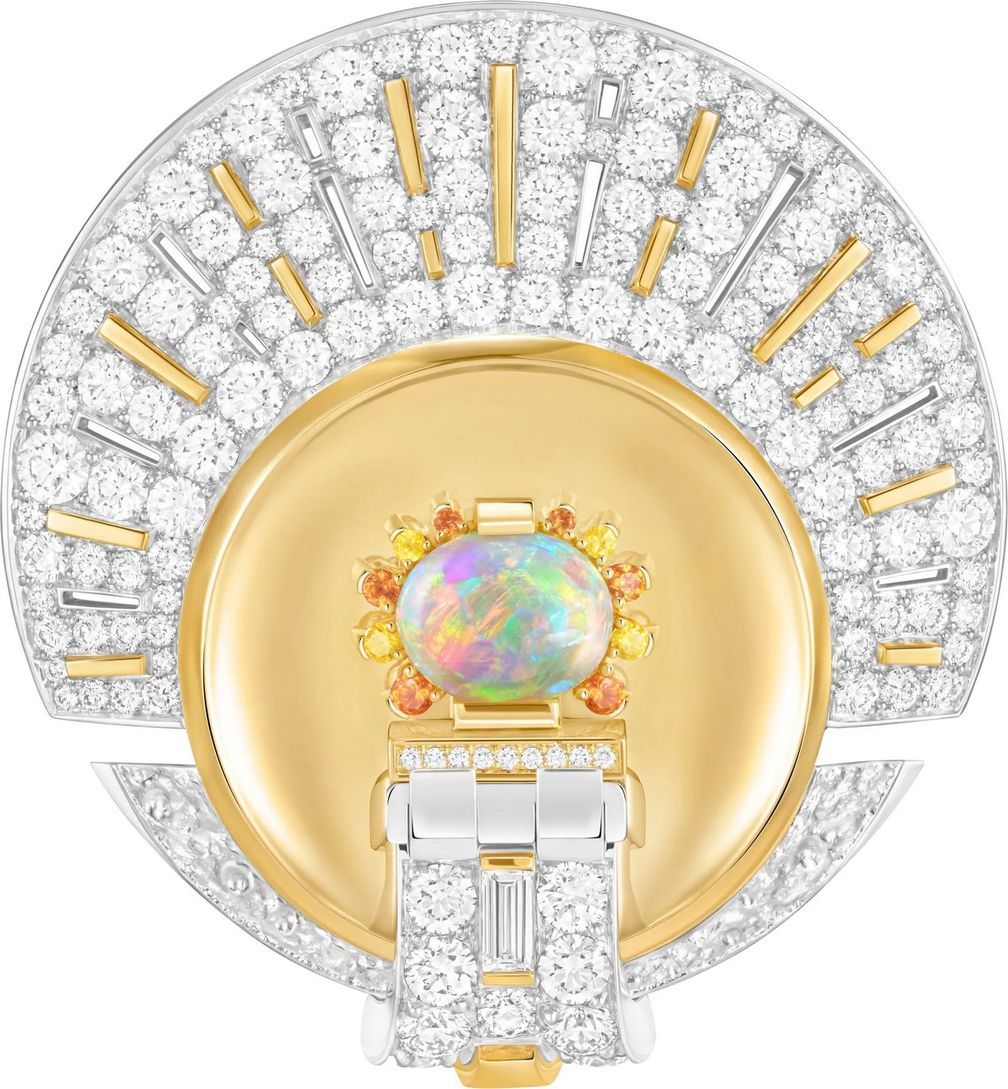 Брошь-зажим Éclipse du Soleil («Солнечное затмение») от Van Cleef & Arpels из желтого и белого золота с кабошоном белого австралийского опала (1,98 карата), спессартинами и бриллиантами. Предоставлено Van Cleef & Arpels Брошь-зажим Éclipse du Soleil («Солнечное затмение») от Van Cleef & Arpels из желтого и белого золота с кабошоном белого австралийского опала (1,98 карата), спессартинами и бриллиантами. Предоставлено Van Cleef & Arpels