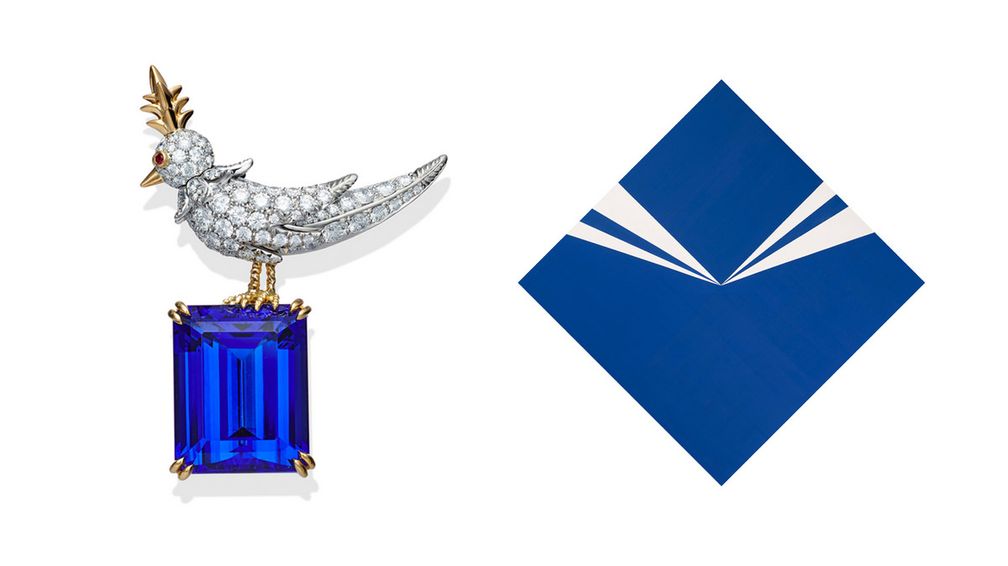 Слева: брошь «Птица на камне» (Bird on a Rock) работы Жана Шлюмберже для Tiffany & Co., 1965 г.; золото, платина, бриллианты, рубин, танзанит (фото предоставлено архивом Tiffany). Справа: картина Кармен Эрреры «Лазурь» (Cerulean), 1965 г.; акрил на холсте, авторская рама (фото предоставлено музеем Crystal Bridges) Слева: брошь «Птица на камне» (Bird on a Rock) работы Жана Шлюмберже для Tiffany & Co., 1965 г.; золото, платина, бриллианты, рубин, танзанит (фото предоставлено архивом Tiffany). Справа: картина Кармен Эрреры «Лазурь» (Cerulean), 1965 г.; акрил на холсте, авторская рама (фото предоставлено музеем Crystal Bridges)